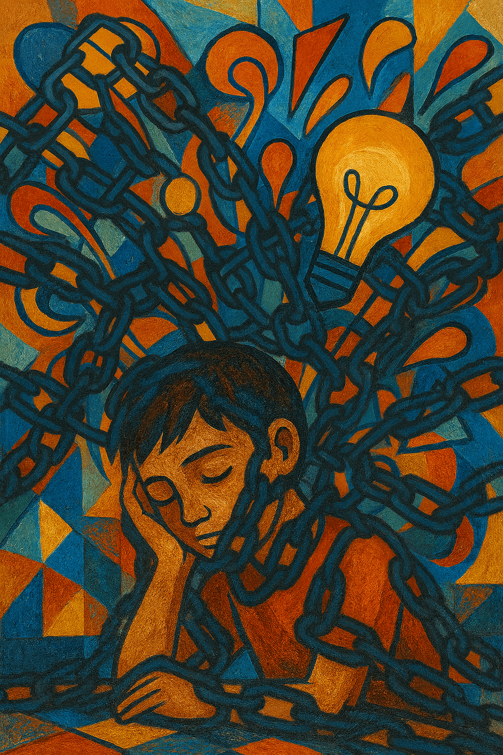 --- Image Description A young boy sits with his head resting heavily on his hand, eyes closed, as if lost in deep thought or quiet exhaustion. His posture conveys both vulnerability and longing. He is rendered in warm earthy tones—burnt orange, deep brown, and muted gold—making him appear soft and human amidst a loud, textured world. Surrounding him is a burst of abstract shapes in bold blues, oranges, and yellows. These swirling forms represent energy, imagination, and ideas trying to emerge. In the background, a bright yellow light bulb glows faintly—symbolizing creativity that wants to break free. But wrapped tightly around the boy are heavy, dark metaphorical chains. These chains loop around his shoulders, arms, and even across his face, preventing him from reaching toward the vibrant patterns that symbolize his creative potential. They intertwine with the abstract forms, showing how societal structures, expectations, and rigid norms restrict his inner world. The entire scene blends Cubist geometry with expressive, painterly strokes, creating a powerful contrast between the freedom of creativity and the confinement of social structures. ---